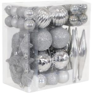 Sunnydaze Deck The Halls 59-Count Shatterproof Christmas Ball Ornament Kit with Hooks – Tree Decorations Set for Holiday Decor and Gatherings – Silver(Silver)