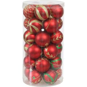Sunnydaze Holiday Glitter 30-Count 60mm Shatterproof Christmas Ball Ornaments with Hooks Included – Red/Gold(Red/Gold)