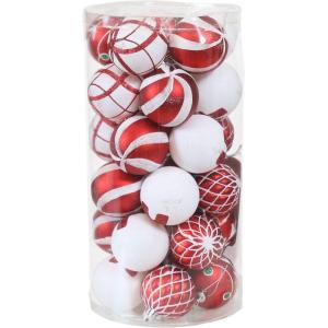 Sunnydaze Holiday Glitter 30-Count 60mm Shatterproof Christmas Ball Ornaments with Hooks Included – Red/Gold(Red/White)