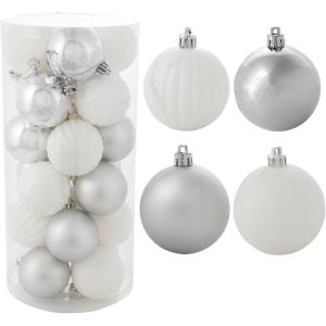 Sunnydaze Merry Medley 24ct Christmas Ornament Balls – Shatterproof Christmas Decorations for Tree – Red/Green(White/Silver)