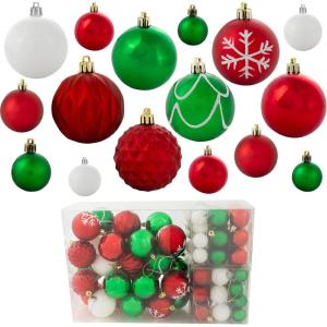 Sunnydaze Winter Wonderland 100ct Christmas Ornament Balls – Shatterproof Christmas Decorations for Tree – Red, Green, White(Red  Green  and White)