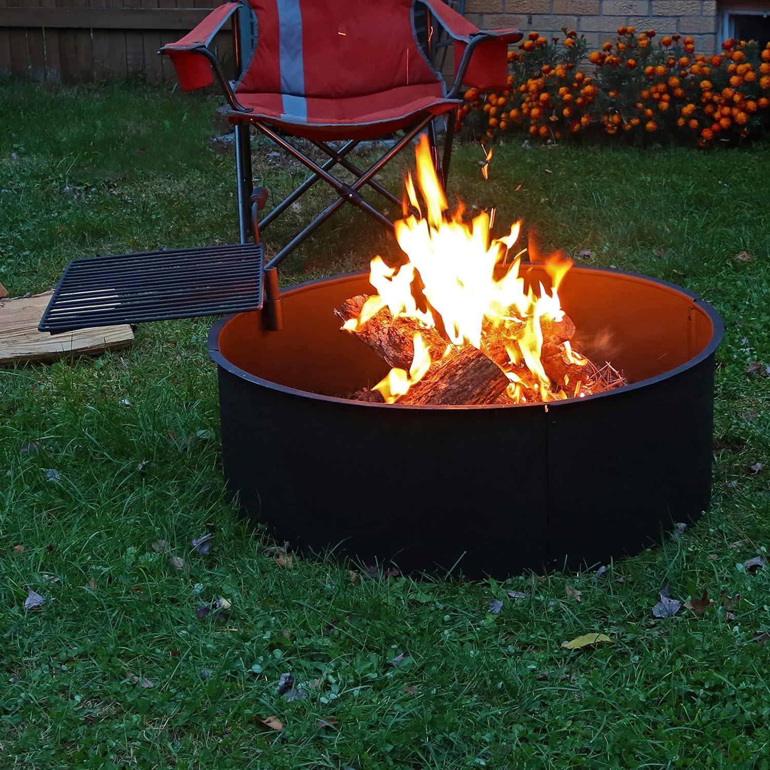 image:imageSunnydaze Outdoor Fire Pit Ring HeavyDuty Round Steel Fire Ring with Cooking Grate and Poker 36Inch Outer34Inch Inner Diameter