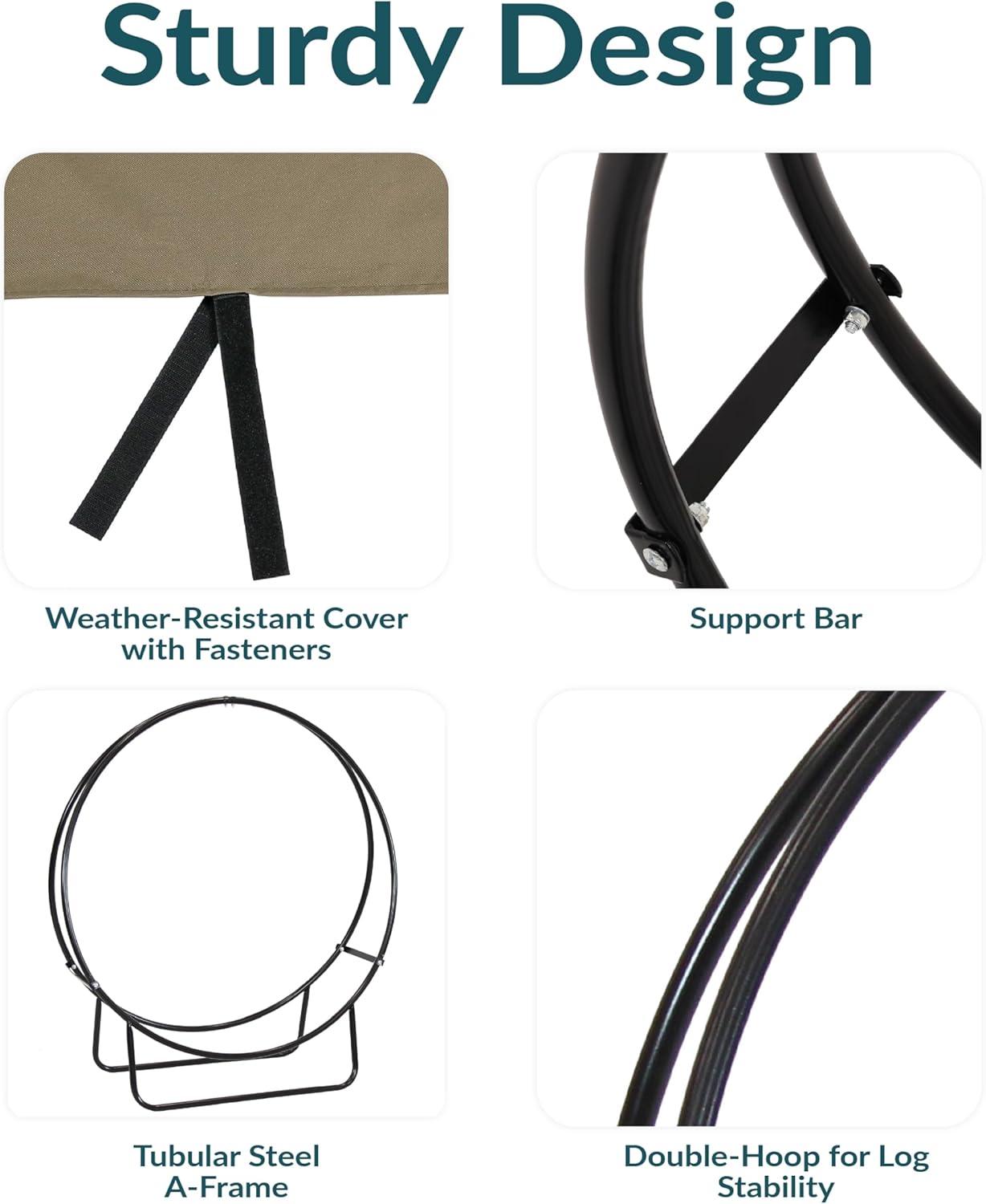 image:imageSunnydaze Outdoor Firewood Log Rack Hoop and Cover Set PowderCoated Steel Round Firewood Rack and PVC Cover Khaki 40InchKhaki