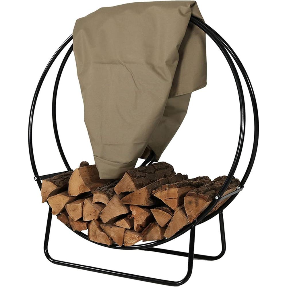 image:imageSunnydaze Outdoor Firewood Log Rack Hoop and Cover Set PowderCoated Steel Round Firewood Rack and PVC Cover Khaki 40InchKhaki