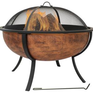 Sunnydaze 32-Inch Copper Fire Pit for Outside – Wood-Burning Fire Pit Bowl with Spark Screen, Wood Grate, and Poker