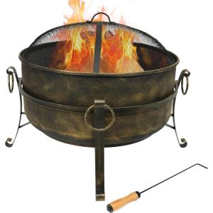 Sunnydaze 34-Inch Large Fire Pit for Outside – Wood-Burning Fire Pit Bowl for Outdoors with Spark Screen, Log Poker, and Grate(Black)