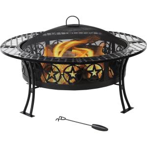 Sunnydaze 40-Inch Round Steel Fire Pit Table with Durable Spark Screen and Poker – Portable Design – Black – Diamond Weave(Four Star)