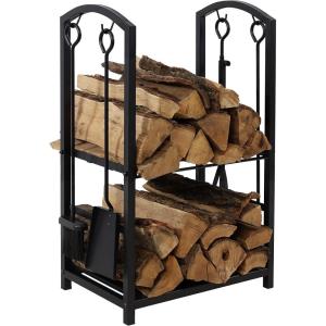 Sunnydaze 4-Piece Fireplace Log Rack & Tool Set – Tidy Firewood Holder for Fireplace or Patio Bonfire – Black