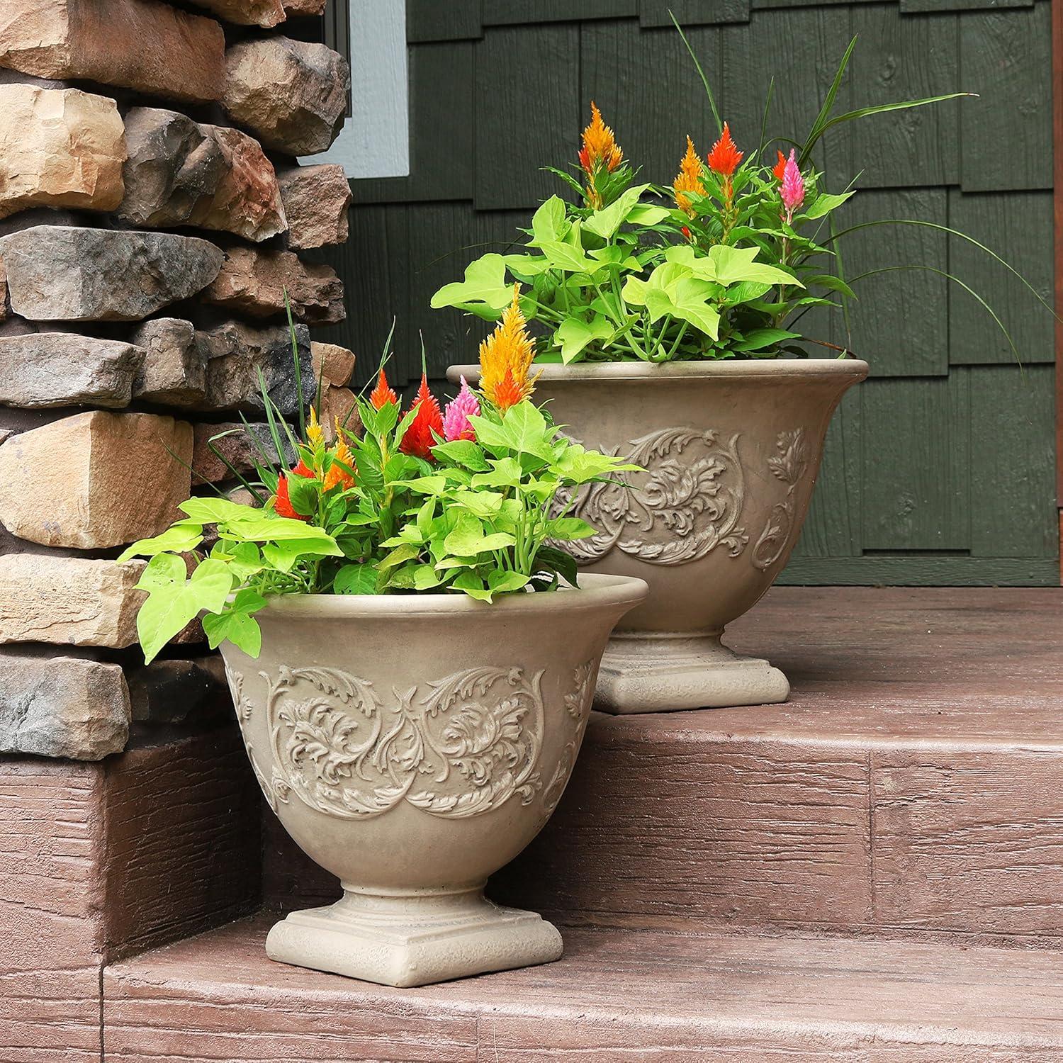 image:imageSunnydaze 16Inch Darcy Round Plant Pot Polyresin Large Outdoor Urn Planter with Drillable Drainage Hole 2 Pack Beige4