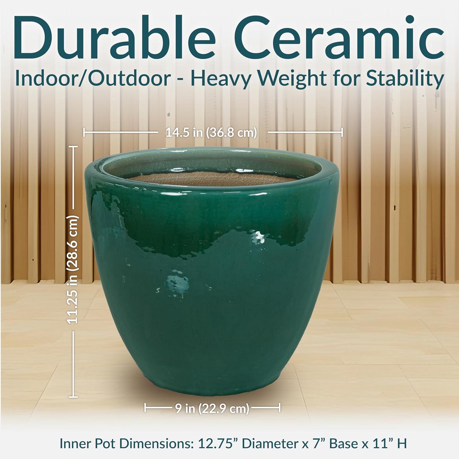 image:imageSunnydaze Large Ceramic Plant Pot Round Outdoor Glazed Ceramic Planter Pot with Drainage Chalet Imperial Blue 145Dark Green