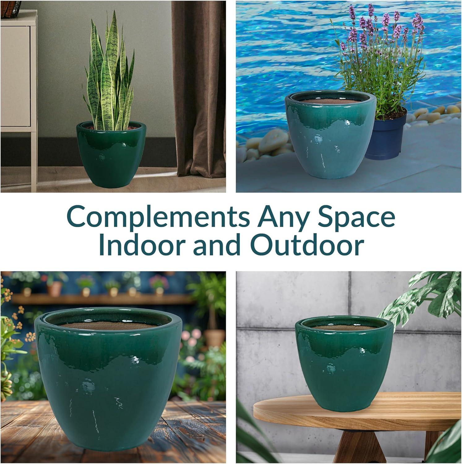 image:imageSunnydaze Large Ceramic Plant Pot Round Outdoor Glazed Ceramic Planter Pot with Drainage Chalet Imperial Blue 145Dark Green