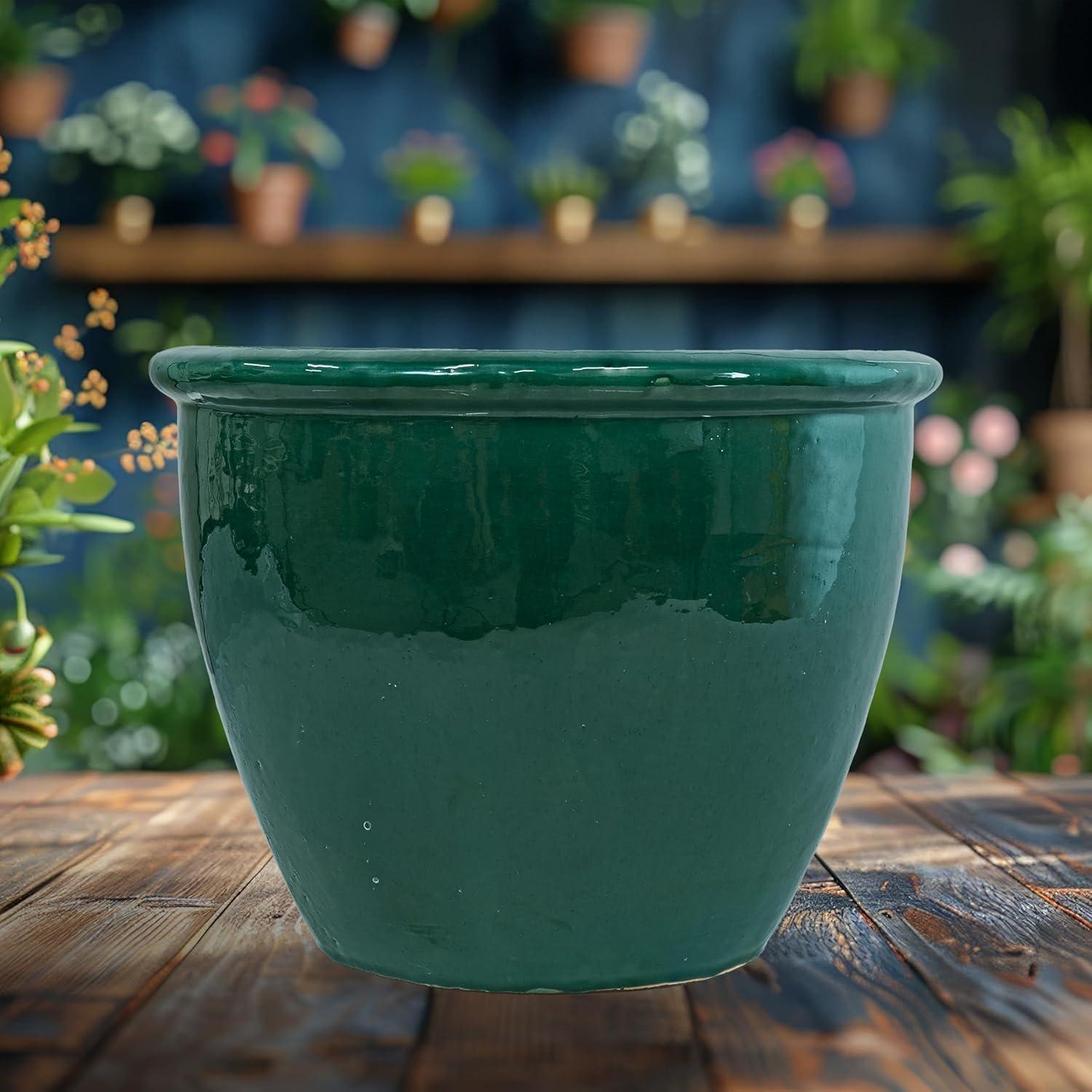 image:imageSunnydaze Large Ceramic Plant Pot Round Outdoor Glazed Ceramic Planter Pot with Drainage Chalet Imperial Blue 145Dark Green