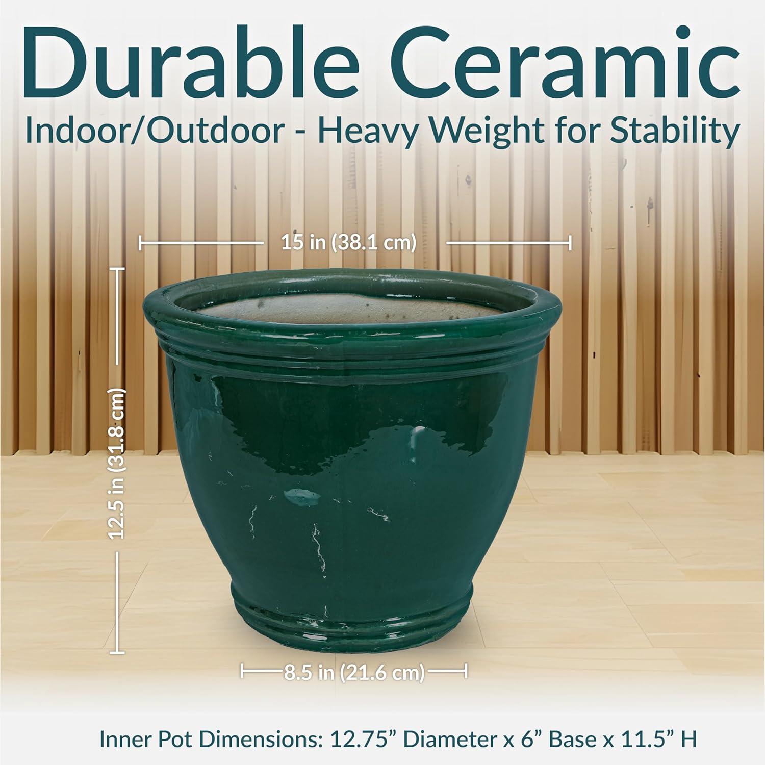 image:imageSunnydaze Large Ceramic Plant Pot Round Outdoor Glazed Ceramic Planter Pot with Drainage Chalet Imperial Blue 145Dark Green