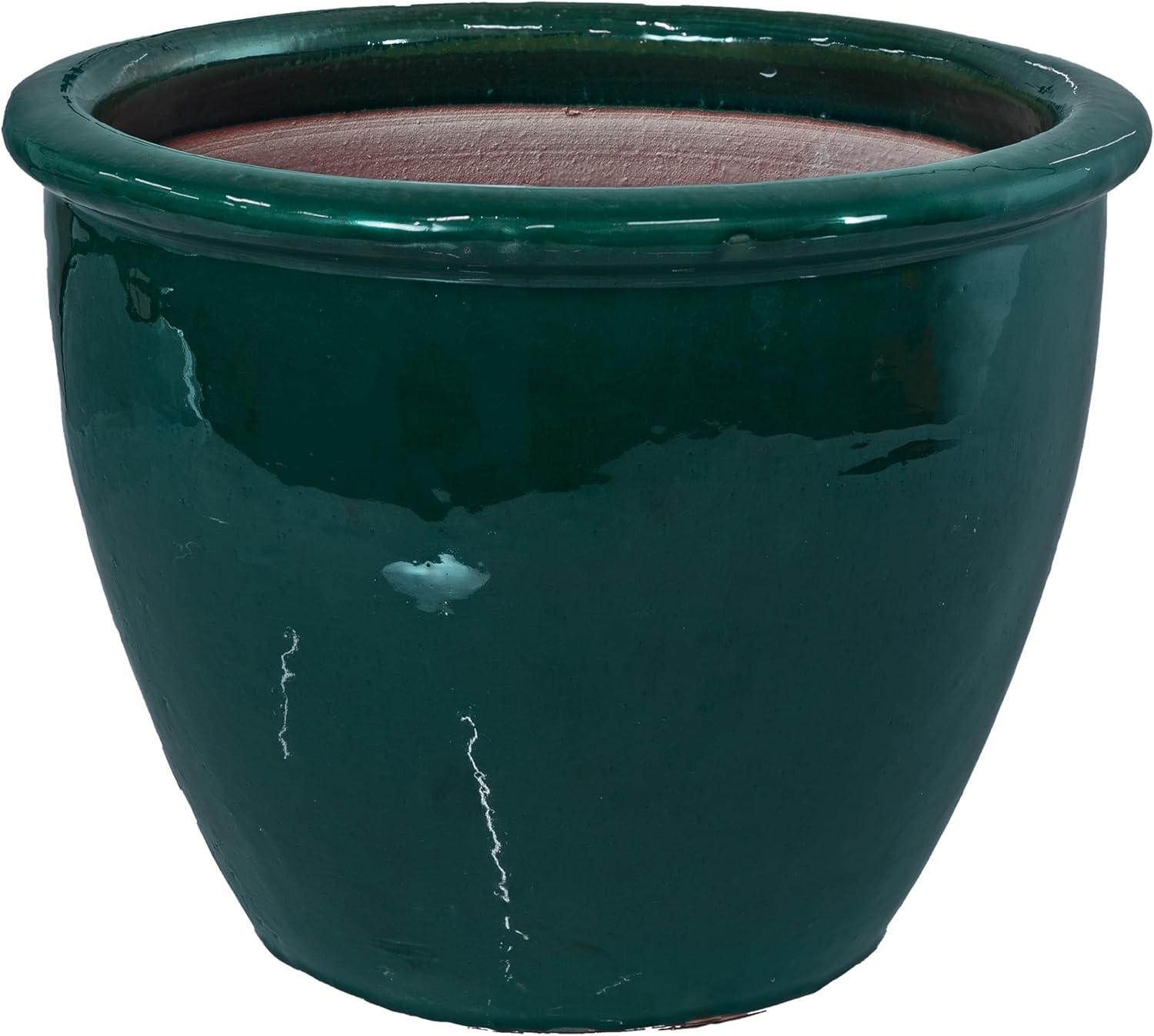 image:imageSunnydaze Large Ceramic Plant Pot Round Outdoor Glazed Ceramic Planter Pot with Drainage Chalet Imperial Blue 145Dark Green