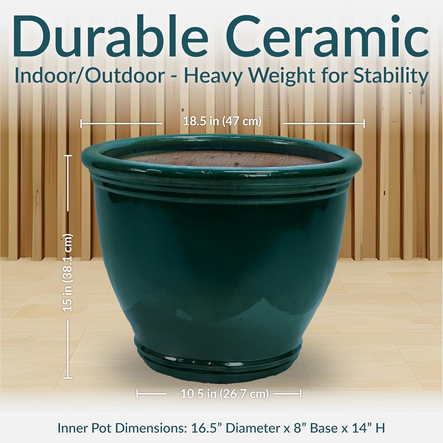 image:imageSunnydaze Large Ceramic Plant Pot Round Outdoor Glazed Ceramic Planter Pot with Drainage Chalet Imperial Blue 145Dark Green