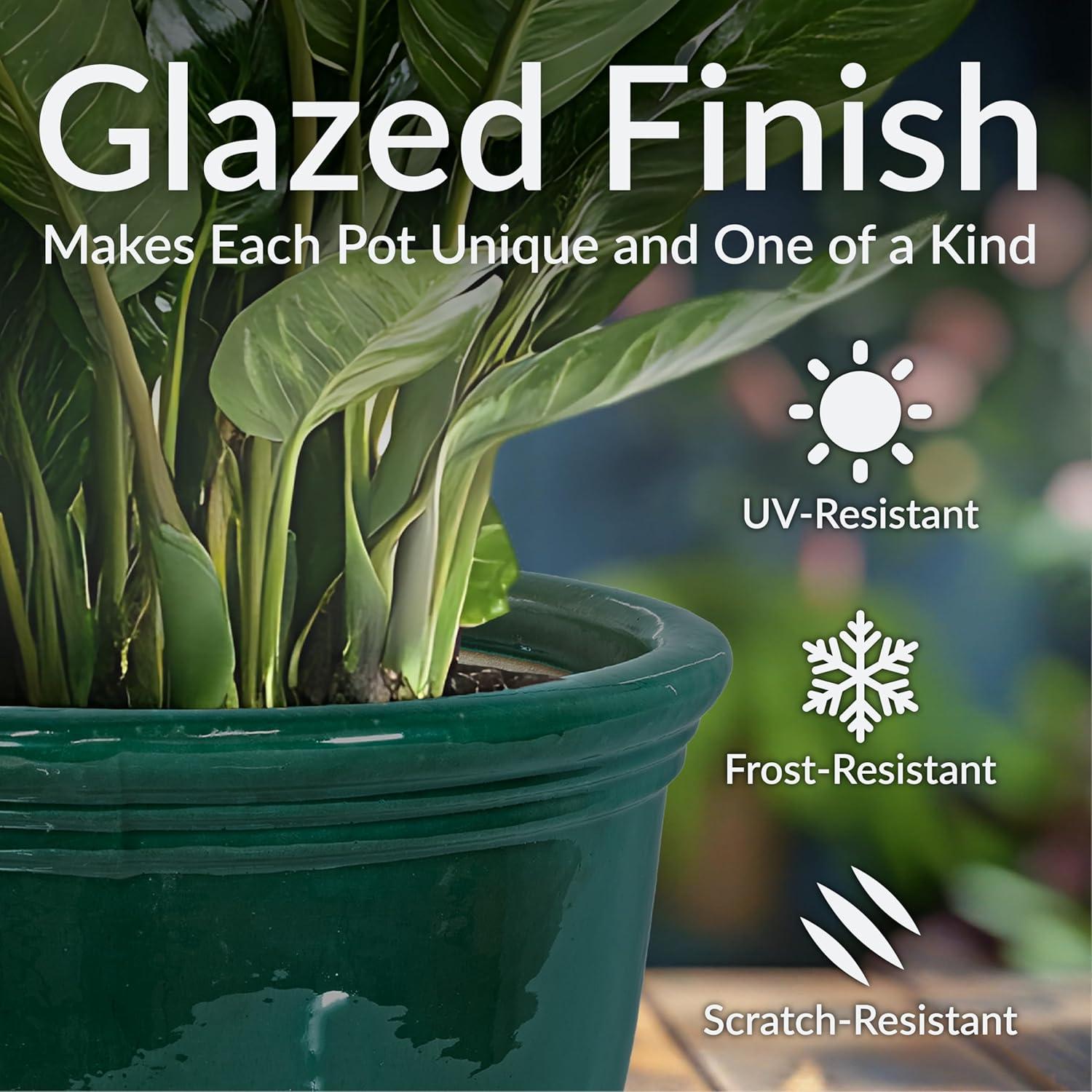 image:imageSunnydaze Large Ceramic Plant Pot Round Outdoor Glazed Ceramic Planter Pot with Drainage Chalet Imperial Blue 145Dark Green