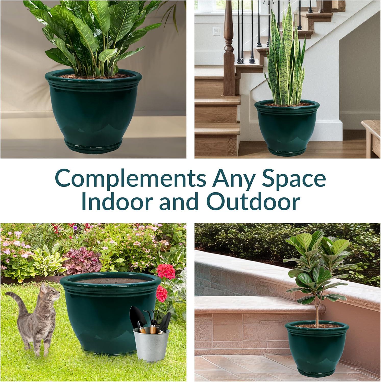 image:imageSunnydaze Large Ceramic Plant Pot Round Outdoor Glazed Ceramic Planter Pot with Drainage Chalet Imperial Blue 145Dark Green