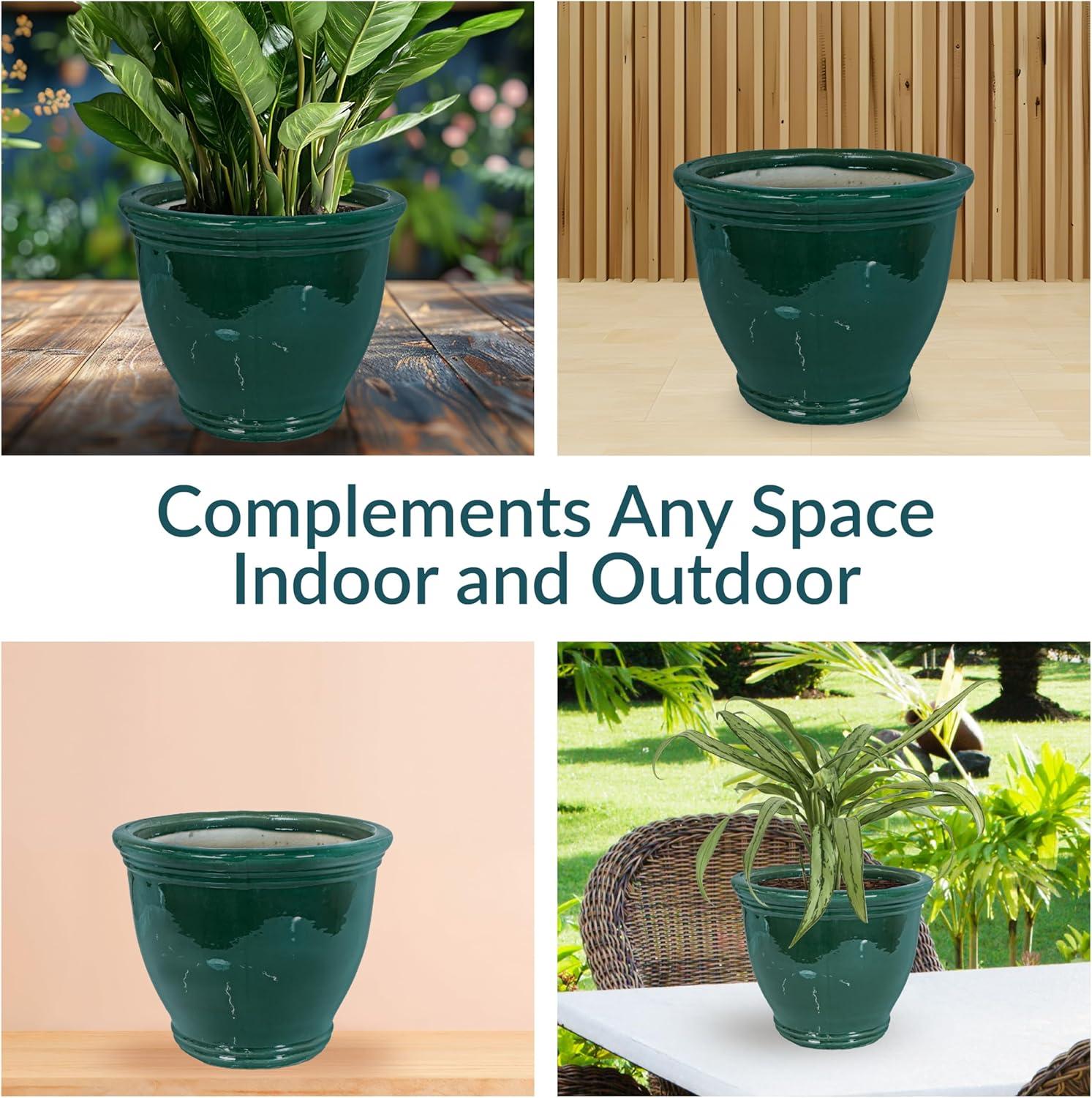 image:imageSunnydaze Large Ceramic Plant Pot Round Outdoor Glazed Ceramic Planter Pot with Drainage Chalet Imperial Blue 145Dark Green