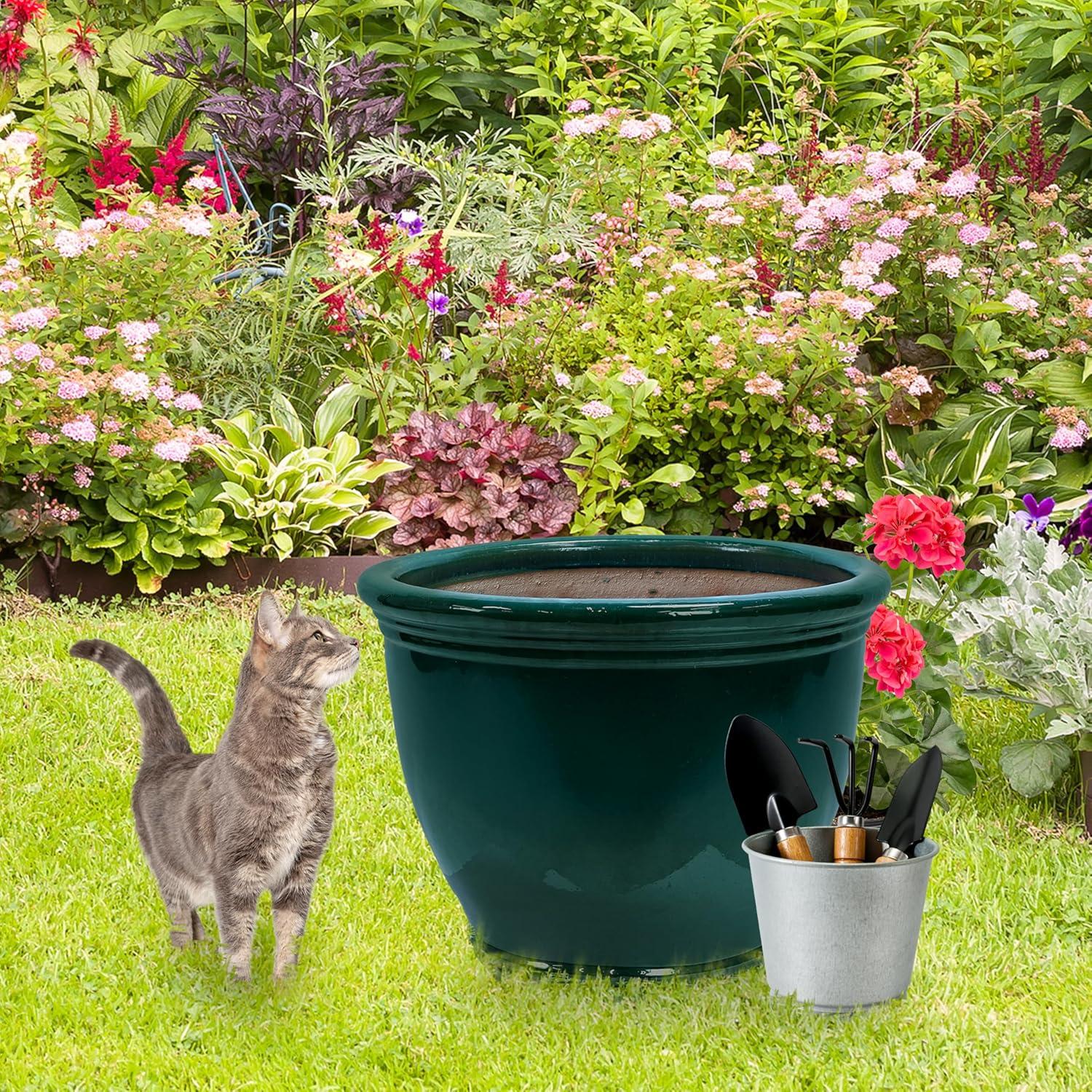 image:imageSunnydaze Large Ceramic Plant Pot Round Outdoor Glazed Ceramic Planter Pot with Drainage Chalet Imperial Blue 145Dark Green