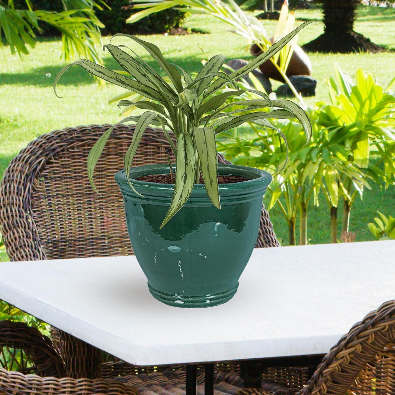 image:imageSunnydaze Large Ceramic Plant Pot Round Outdoor Glazed Ceramic Planter Pot with Drainage Chalet Imperial Blue 145Dark Green