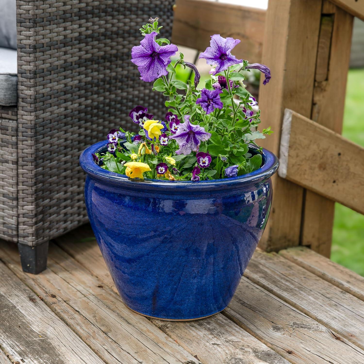 image:imageSunnydaze Large Ceramic Plant Pot Round Outdoor Glazed Ceramic Planter Pot with Drainage Chalet Imperial Blue 145Imperial Blue