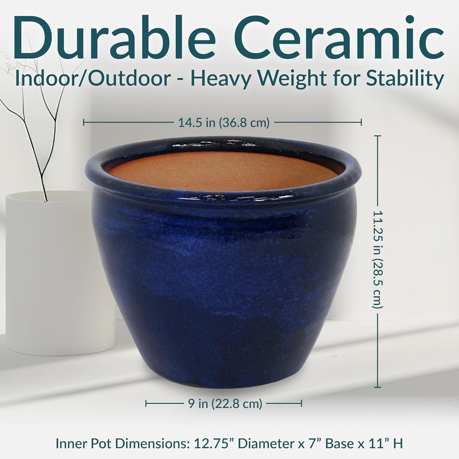 image:imageSunnydaze Large Ceramic Plant Pot Round Outdoor Glazed Ceramic Planter Pot with Drainage Chalet Imperial Blue 145Imperial Blue