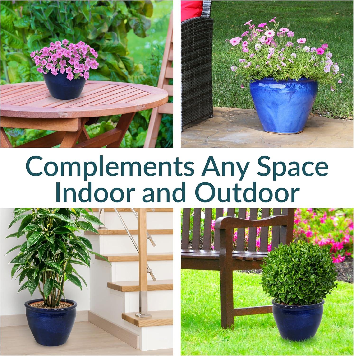 image:imageSunnydaze Large Ceramic Plant Pot Round Outdoor Glazed Ceramic Planter Pot with Drainage Chalet Imperial Blue 145Imperial Blue