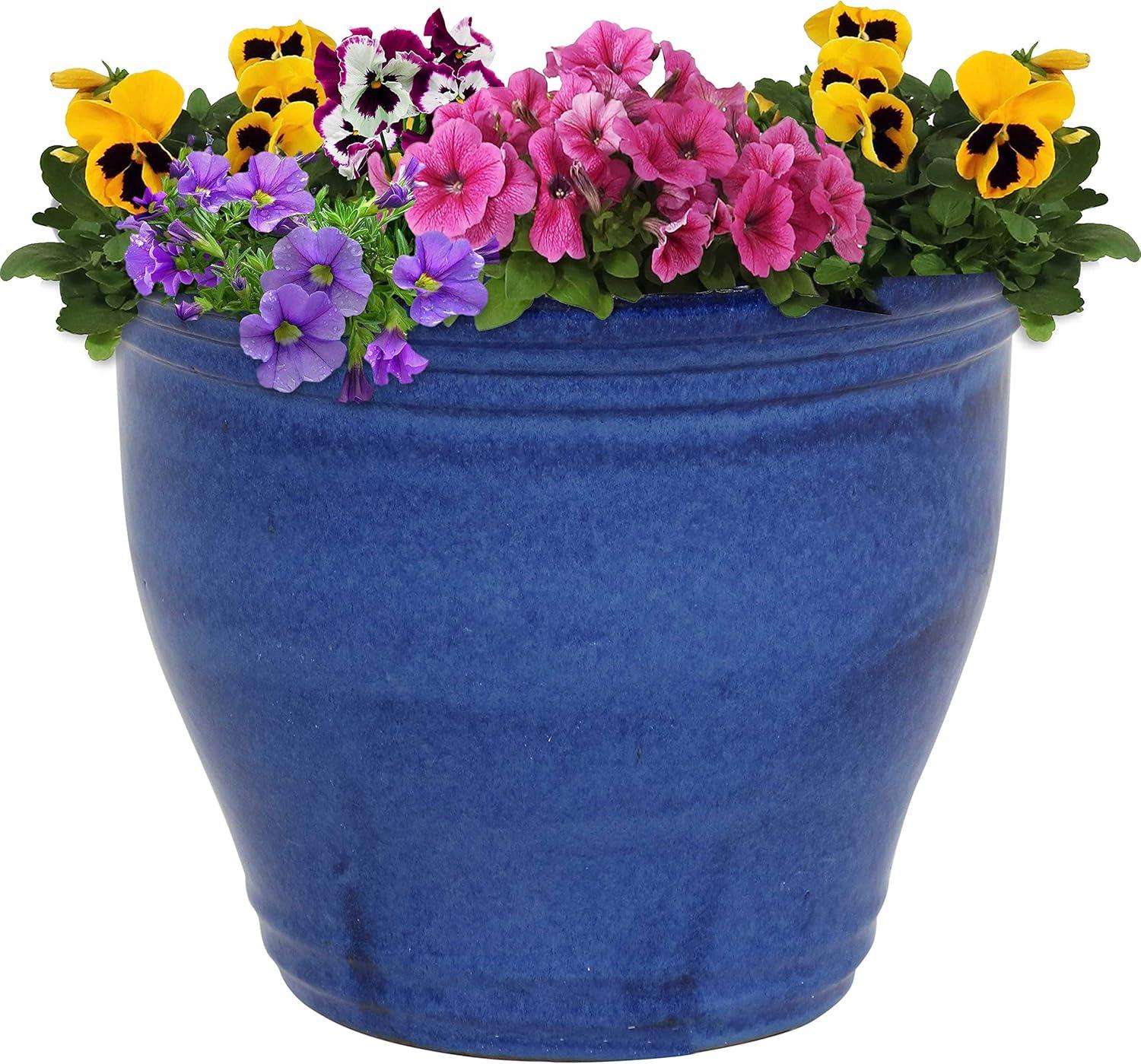 image:imageSunnydaze Large Ceramic Plant Pot Round Outdoor Glazed Ceramic Planter Pot with Drainage Chalet Imperial Blue 145Imperial Blue