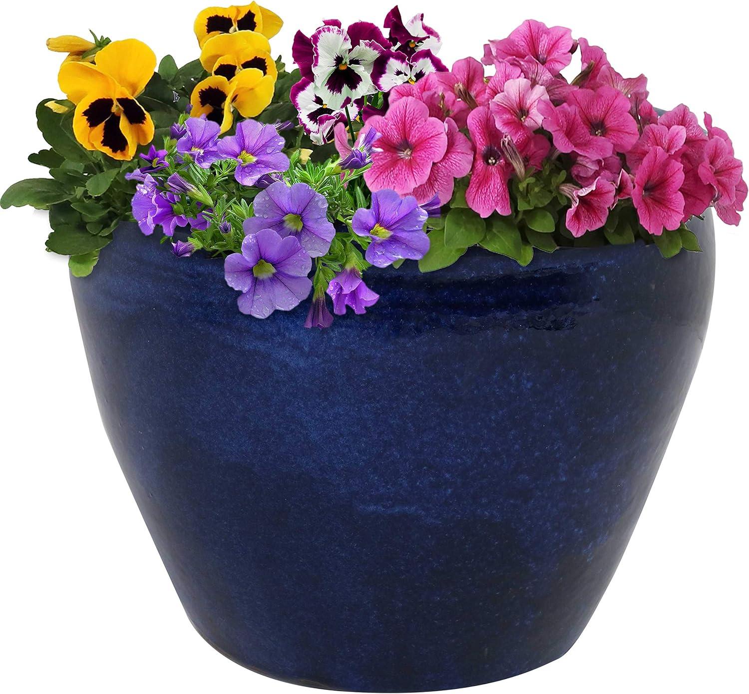 image:imageSunnydaze Large Ceramic Plant Pot Round Outdoor Glazed Ceramic Planter Pot with Drainage Chalet Imperial Blue 145Imperial Blue