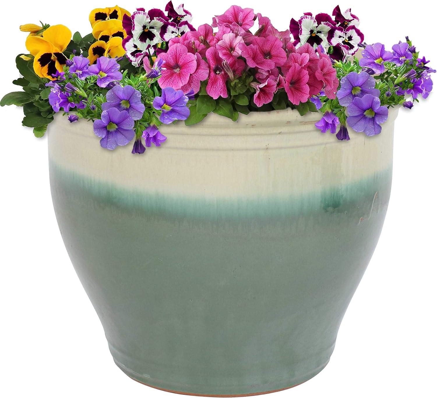 image:imageSunnydaze Large Ceramic Plant Pot Round Outdoor Glazed Ceramic Planter Pot with Drainage Chalet Imperial Blue 145Seafoam