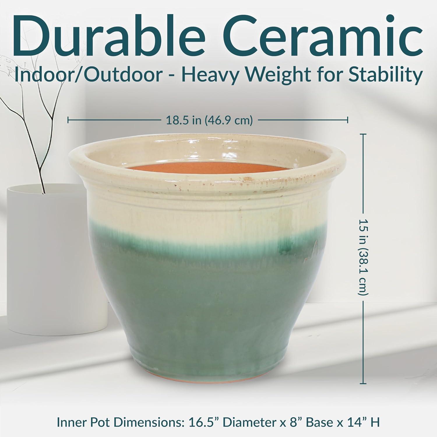 image:imageSunnydaze Large Ceramic Plant Pot Round Outdoor Glazed Ceramic Planter Pot with Drainage Chalet Imperial Blue 145Seafoam