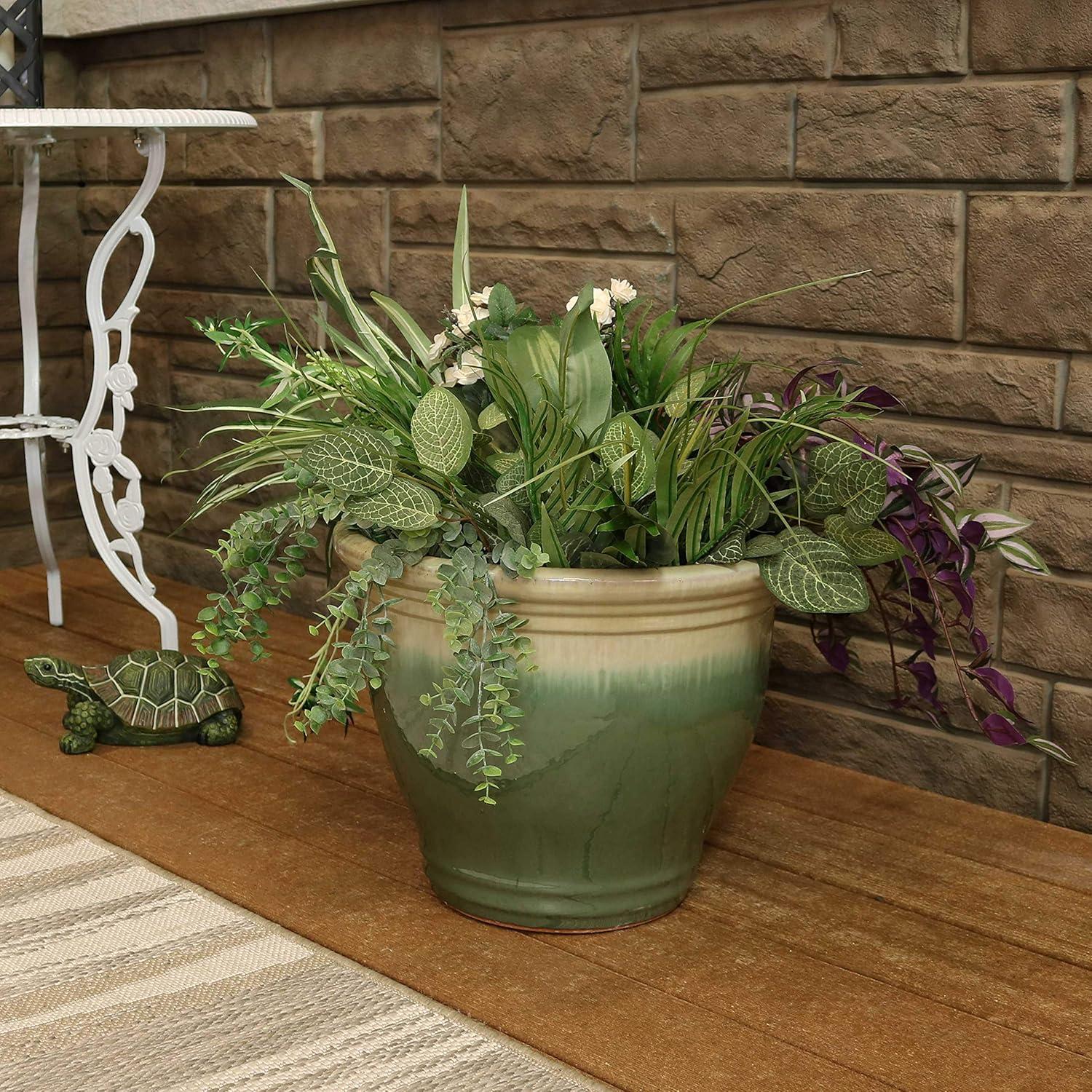 image:imageSunnydaze Large Ceramic Plant Pot Round Outdoor Glazed Ceramic Planter Pot with Drainage Chalet Imperial Blue 145Seafoam
