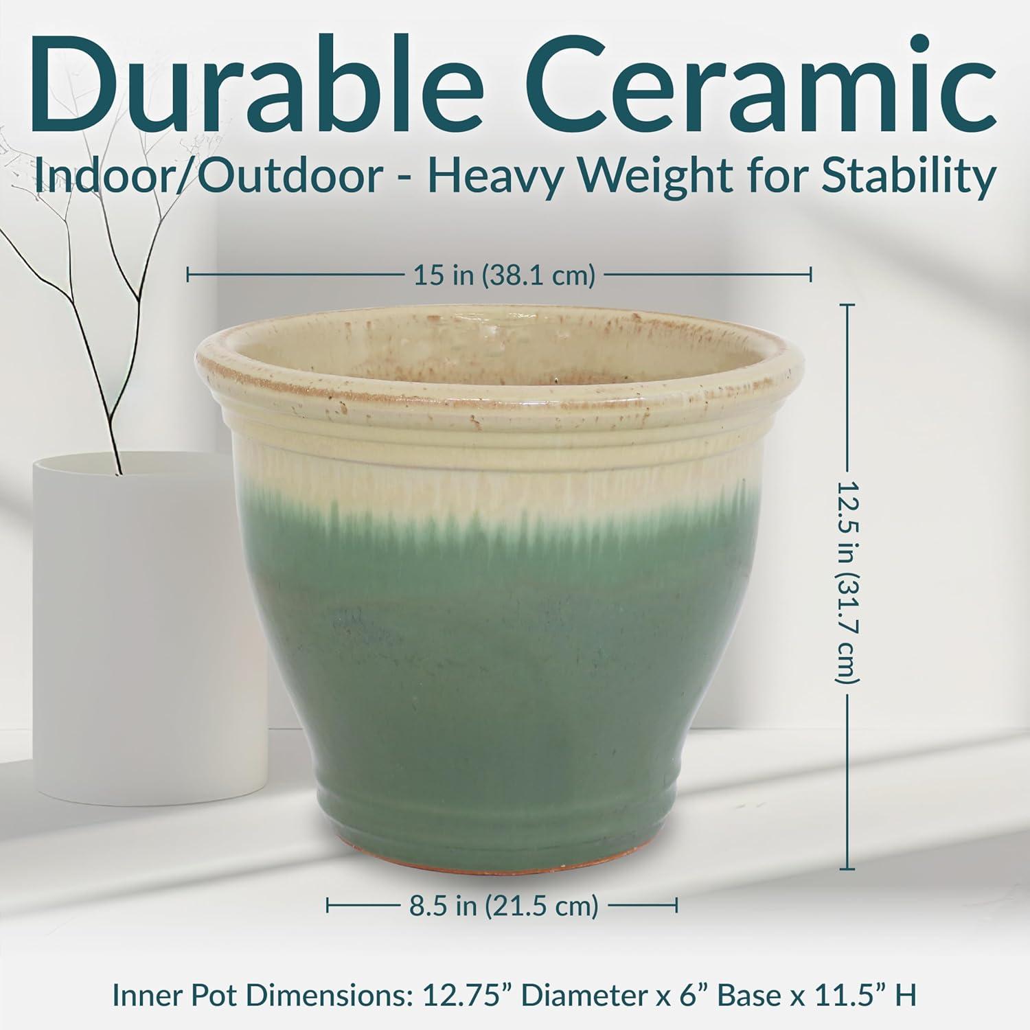 image:imageSunnydaze Large Ceramic Plant Pot Round Outdoor Glazed Ceramic Planter Pot with Drainage Chalet Imperial Blue 145Seafoam
