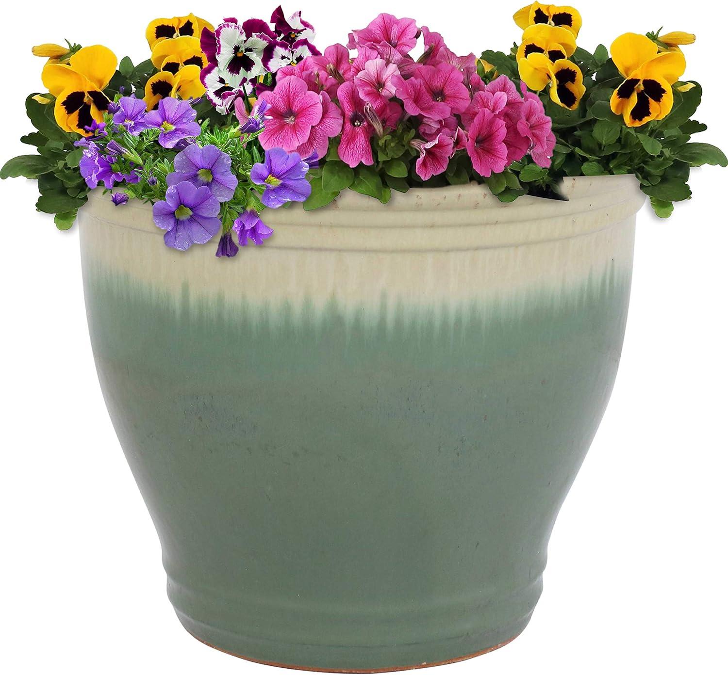 image:imageSunnydaze Large Ceramic Plant Pot Round Outdoor Glazed Ceramic Planter Pot with Drainage Chalet Imperial Blue 145Seafoam