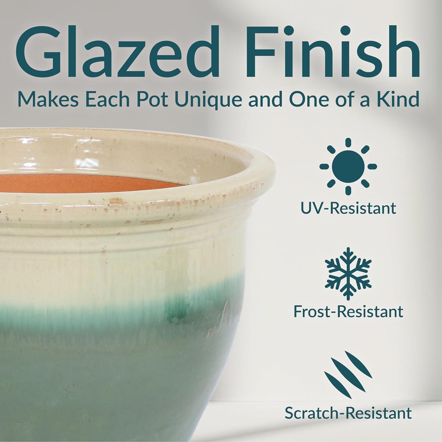 image:imageSunnydaze Large Ceramic Plant Pot Round Outdoor Glazed Ceramic Planter Pot with Drainage Chalet Imperial Blue 145Seafoam