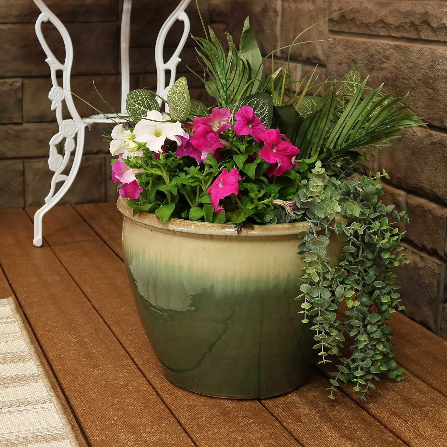 image:imageSunnydaze Large Ceramic Plant Pot Round Outdoor Glazed Ceramic Planter Pot with Drainage Chalet Imperial Blue 145Seafoam