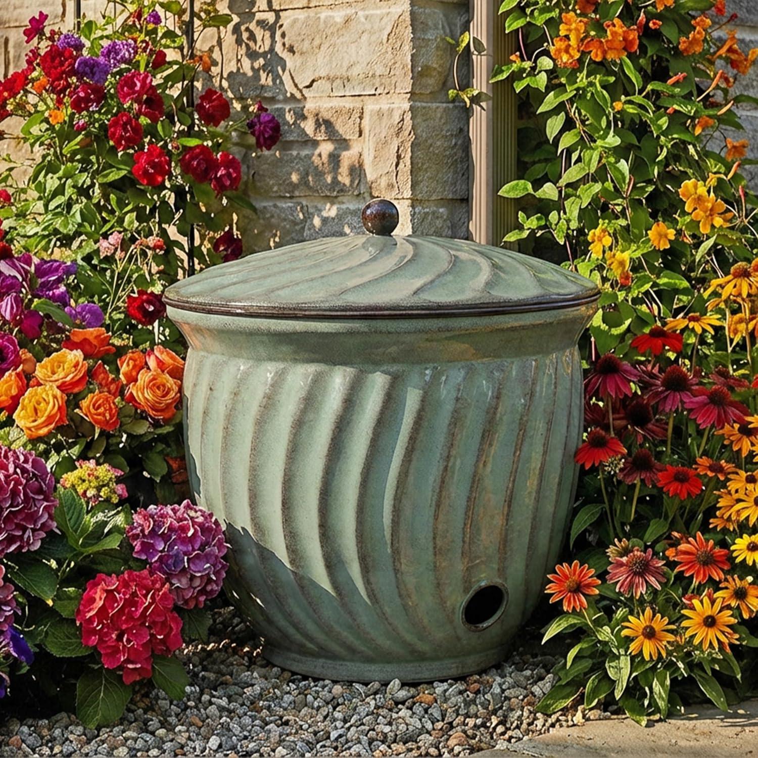 image:imageSunnydaze Metal Garden Hose Holder Pot with Lid UVResistant 145Foot Garden Hose Pot Holder Sage Glaze FinishSage Glaze