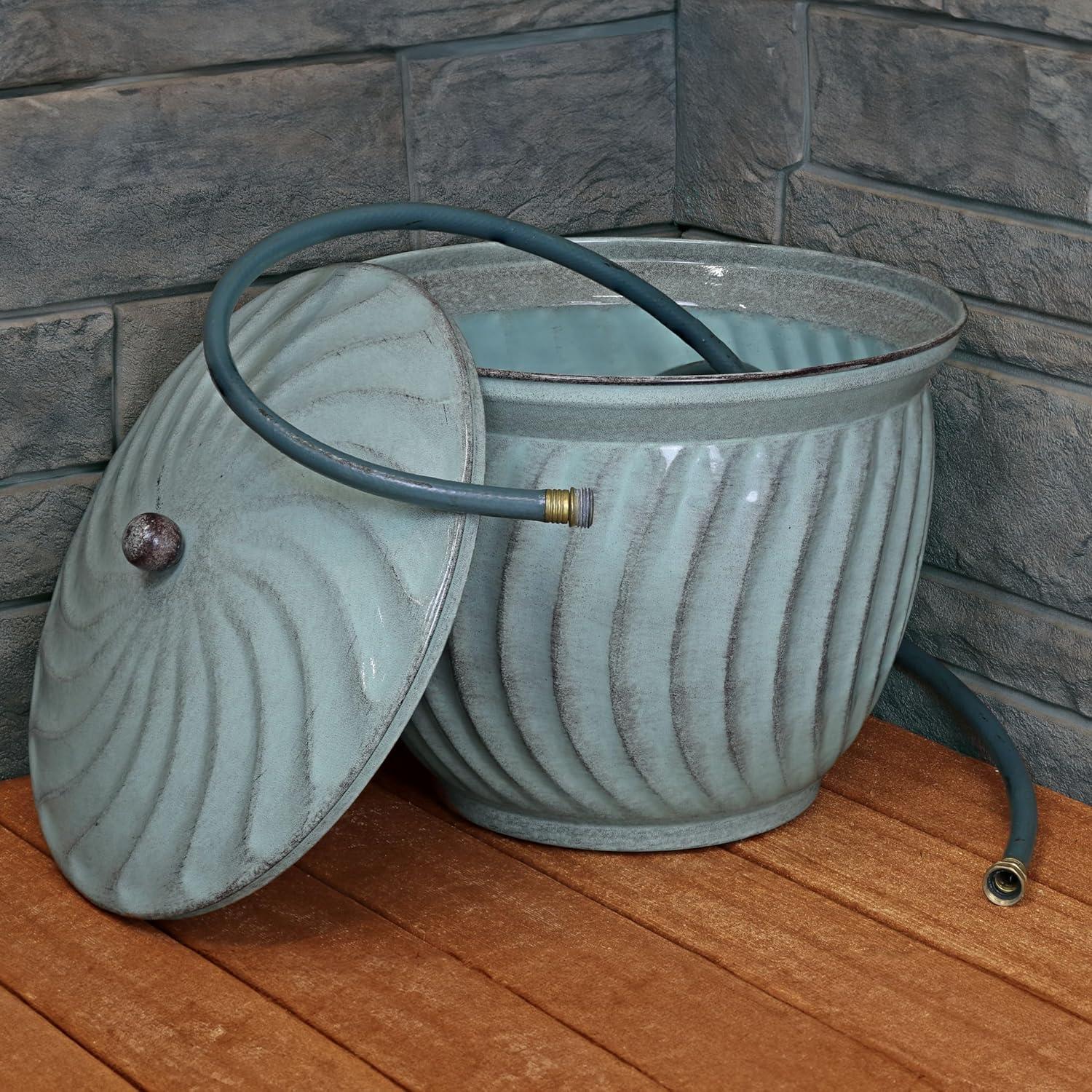 image:imageSunnydaze Metal Garden Hose Holder Pot with Lid UVResistant 145Foot Garden Hose Pot Holder Sage Glaze FinishSage Glaze
