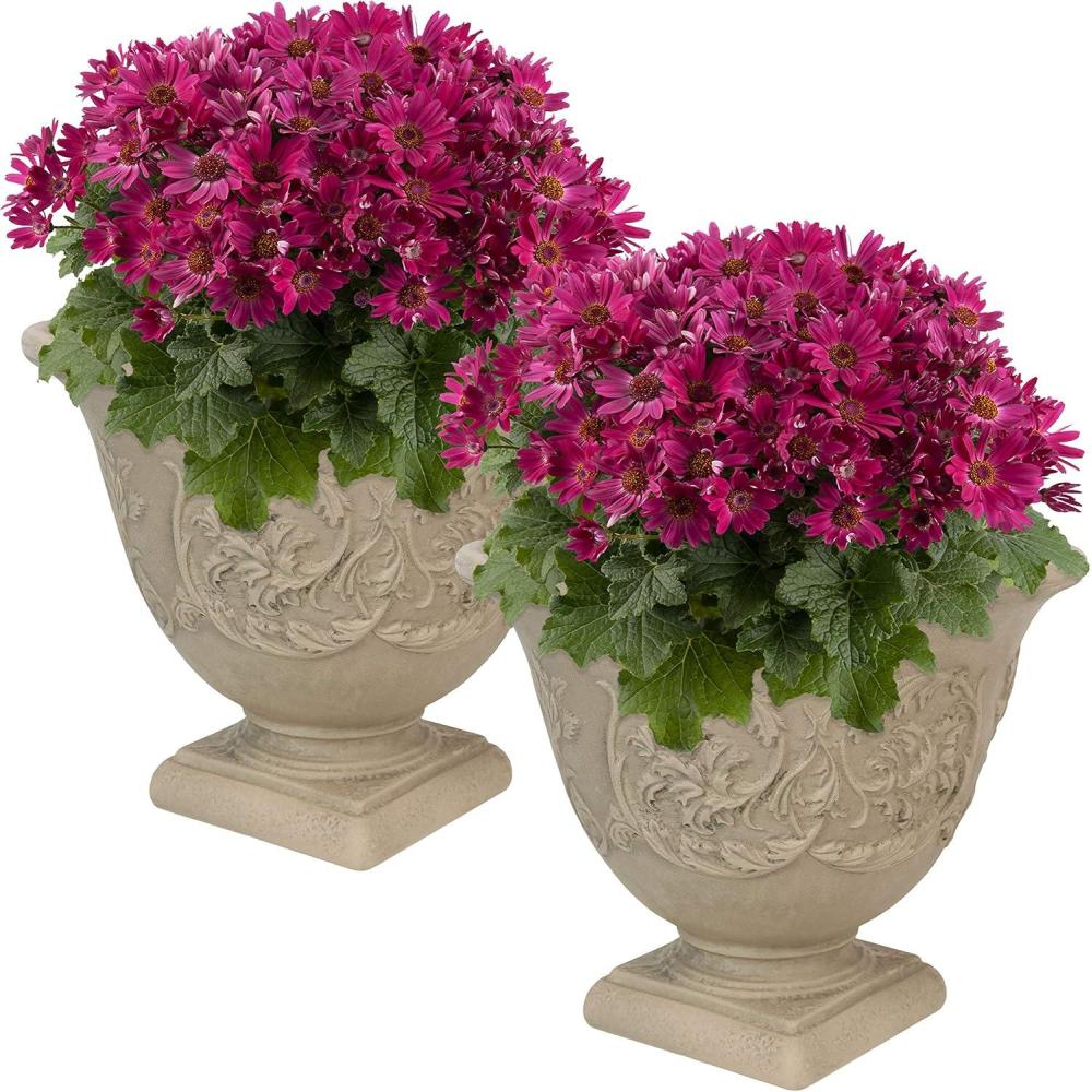 image:imageSunnydaze 16Inch Darcy Round Plant Pot Polyresin Large Outdoor Urn Planter with Drillable Drainage Hole 2 Pack Beige2