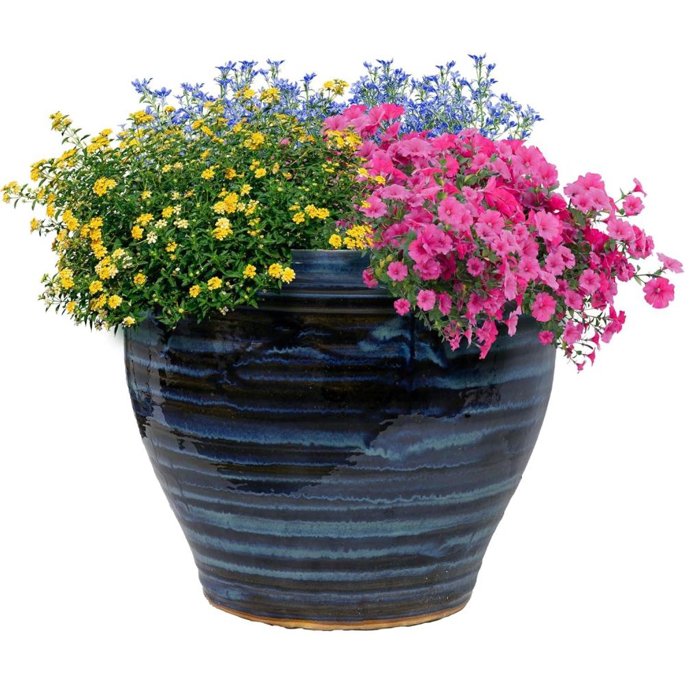 image:imageSunnydaze Large Ceramic Plant Pot  Round Outdoor Glazed Ceramic Planter Pot with Drainage  Chalet  Imperial Blue  145Galaxy Blue