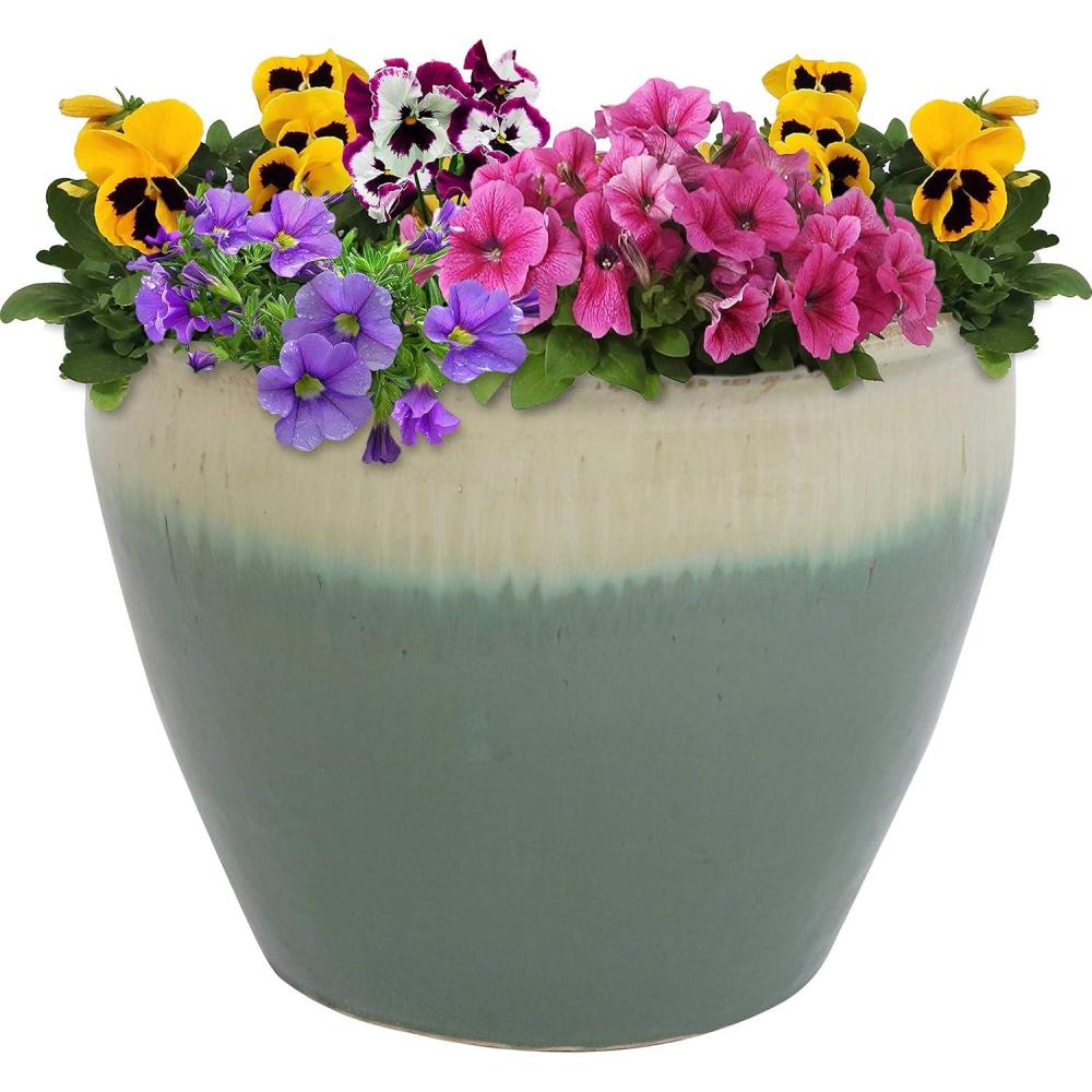 image:imageSunnydaze Large Ceramic Plant Pot Round Outdoor Glazed Ceramic Planter Pot with Drainage Chalet Imperial Blue 145Seafoam