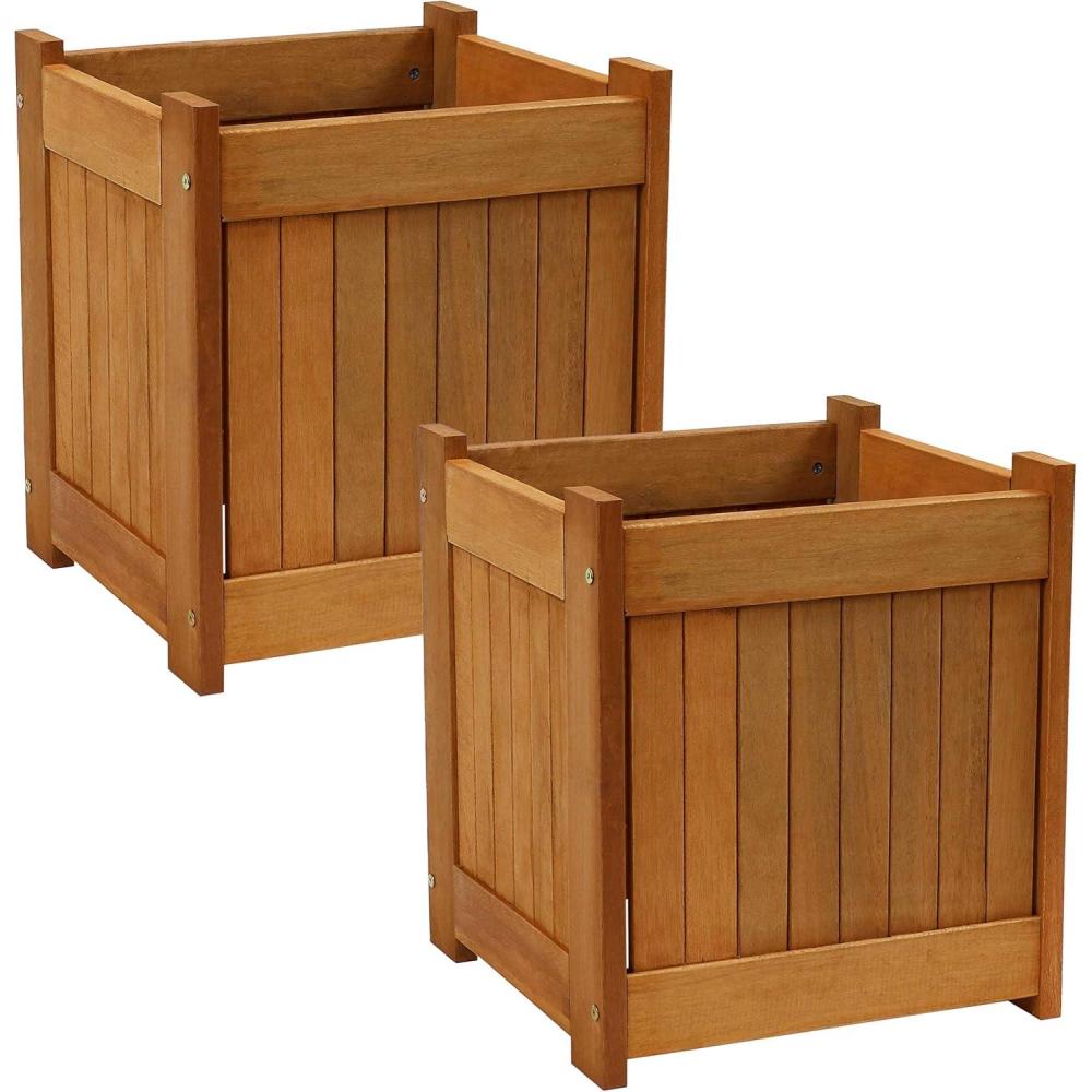 image:imageSunnydaze Meranti Wood 16Inch Square Planter Box with Teak Oil Finish Set of 22