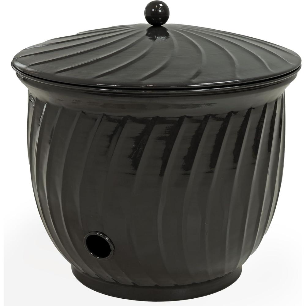 image:imageSunnydaze Metal Garden Hose Holder Pot with Lid UVResistant 145Foot Garden Hose Pot Holder Sage Glaze FinishBlack Glaze