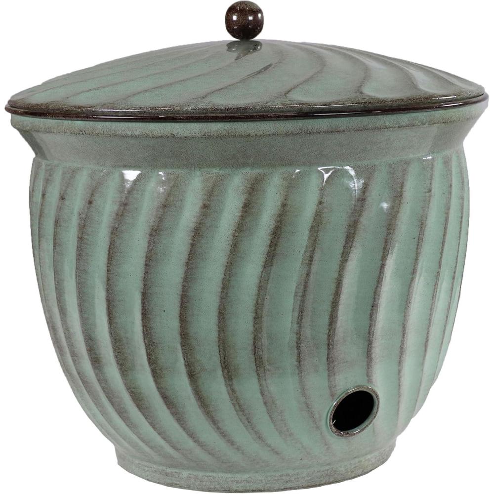 image:imageSunnydaze Metal Garden Hose Holder Pot with Lid  UVResistant 145Foot Garden Hose Pot Holder  Sage Glaze FinishSage Glaze