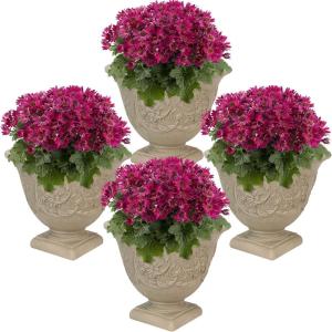 Sunnydaze 16-Inch Darcy Round Plant Pot – Polyresin Large Outdoor Urn Planter with Drillable Drainage Hole – 2 Pack – Beige(4)