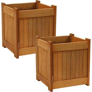 Sunnydaze Meranti Wood 16-Inch Square Planter Box with Teak Oil Finish – Set of 2(2)