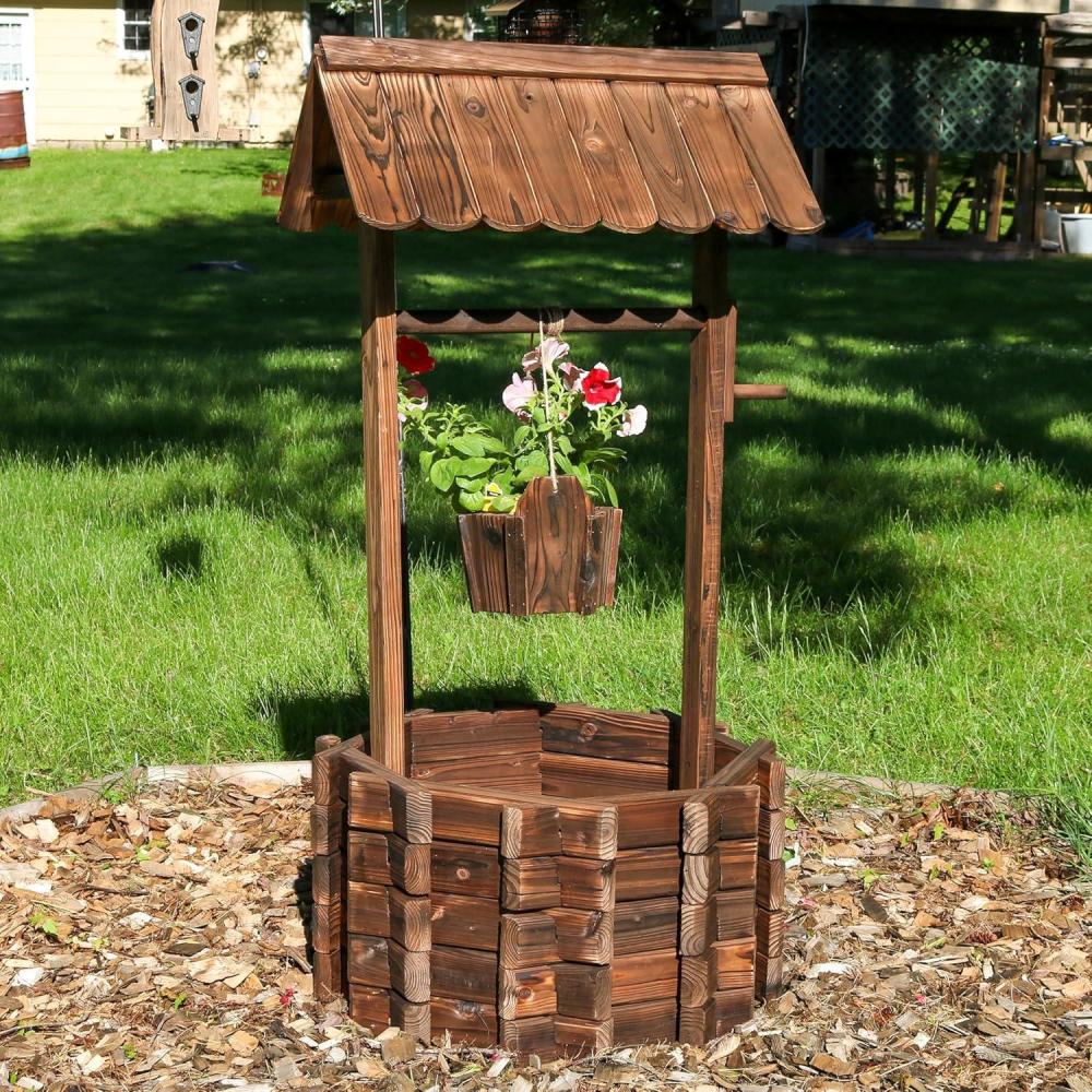 image:imageSunnydaze 45 H Wooden Garden Wishing Well for Outside Decorative Wishing Well Planter Cover with Hanging Flower Bucket