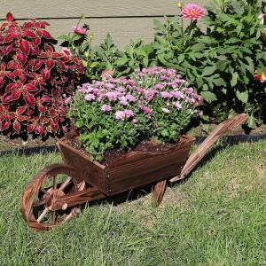 Sunnydaze Outdoor Wooden Decorative Wheelbarrow Planter – for Indoor or Outdoor Use – 35″ W x 10.25″ D x 12″ H – Brown