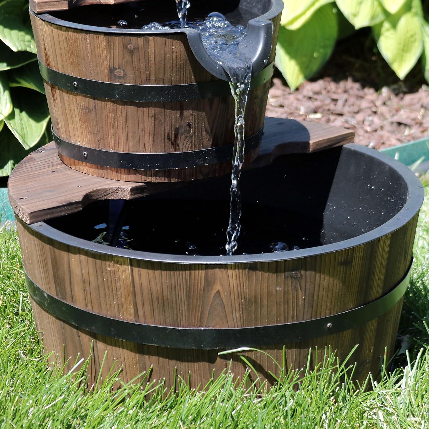 image:imageSunnydaze 2Tier Wood Barrel Water Fountain 34Inch Vintage Water Pump Fountain with Submersible Pump for Garden Patio Decks23 H 2Tier
