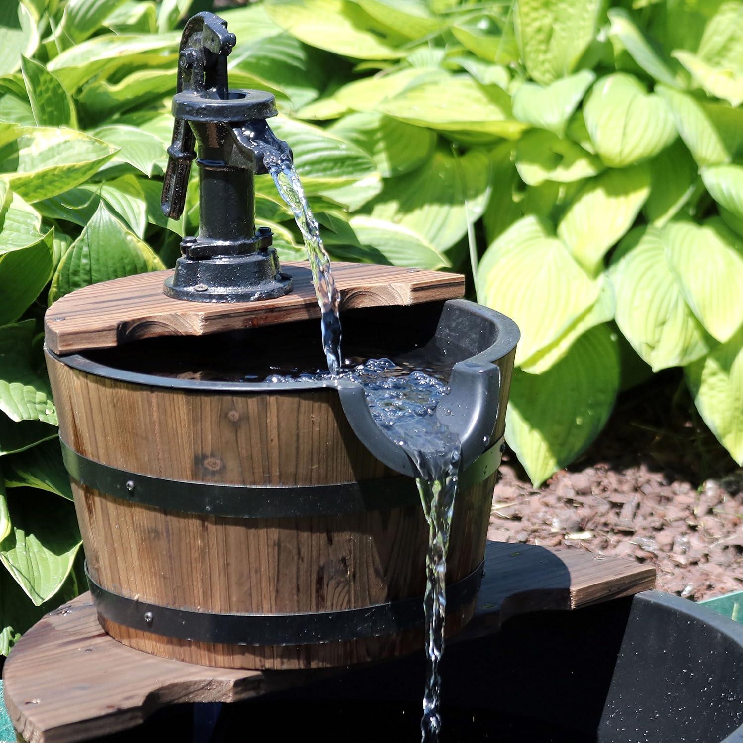 image:imageSunnydaze 2Tier Wood Barrel Water Fountain 34Inch Vintage Water Pump Fountain with Submersible Pump for Garden Patio Decks23 H 2Tier